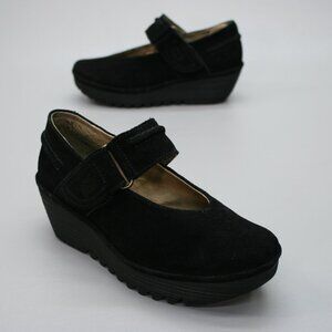 FLY London 37 Ladies 6.5-7 Robi Black Suede Wedge Platform Heels Mary Jane Shoes